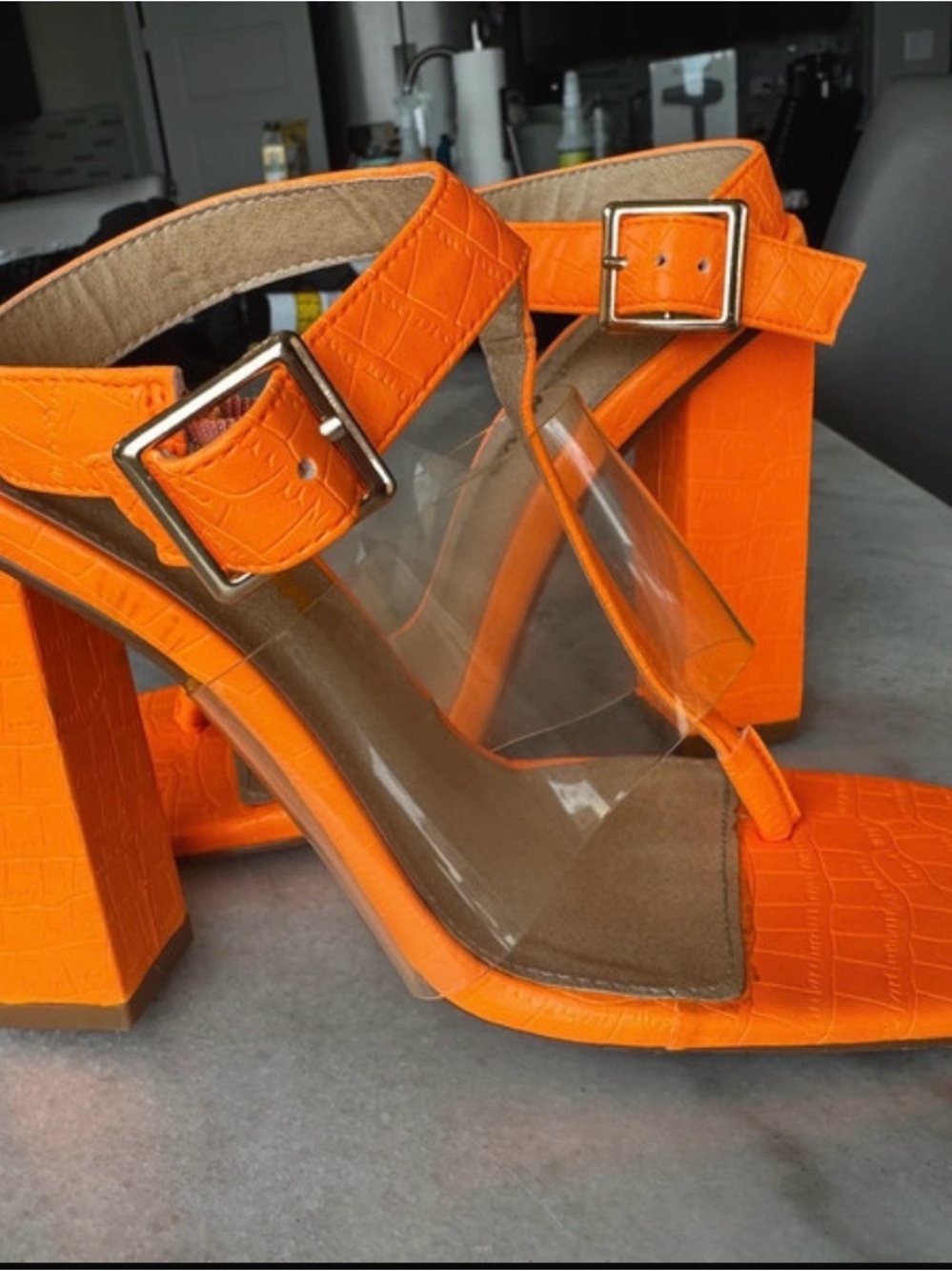 Fashion Nova Orange Croc-Embossed Block Heel Sandals with Clear Strap
